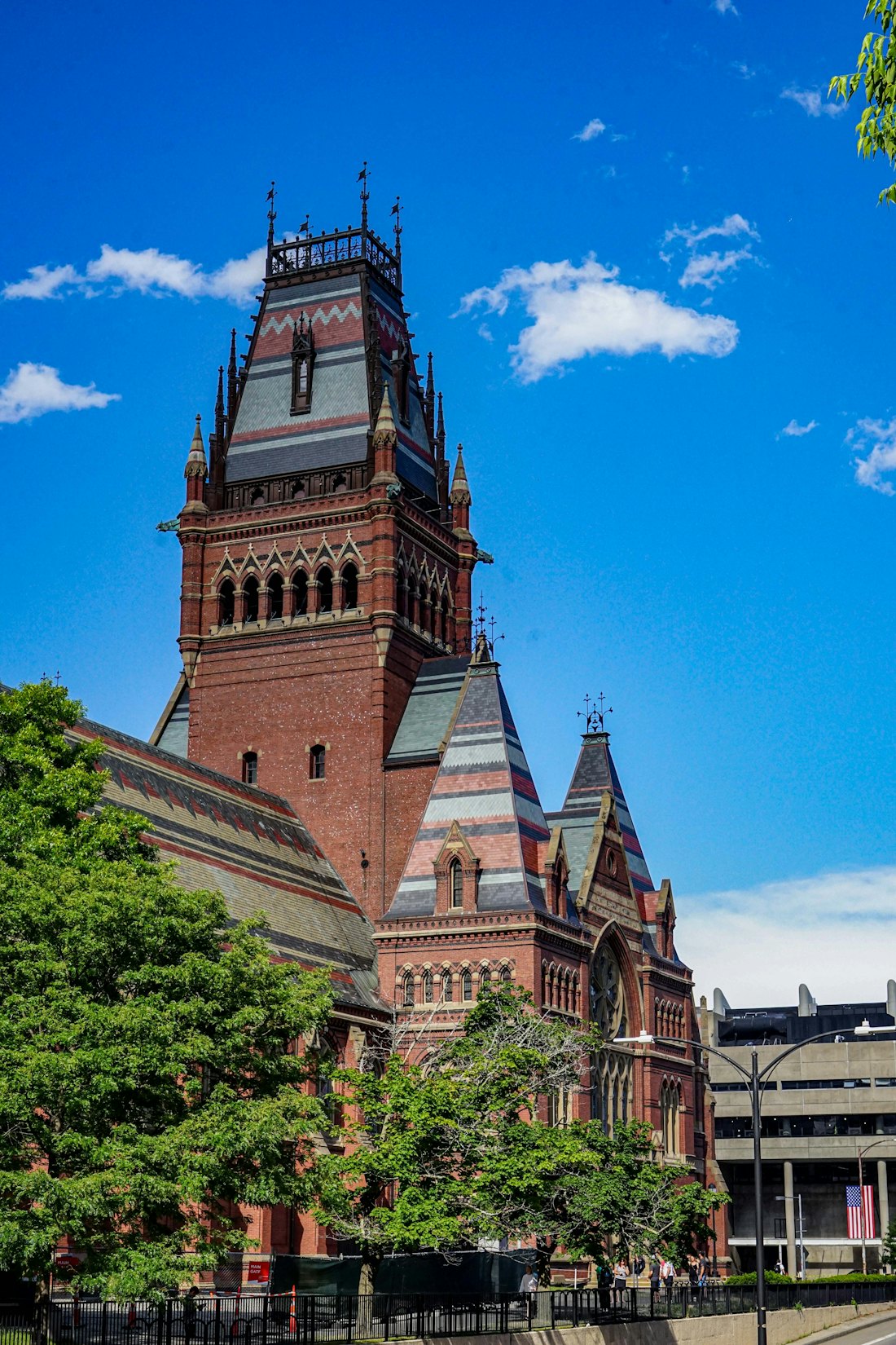 Harvard’s Memorial Hall tower against the sky.